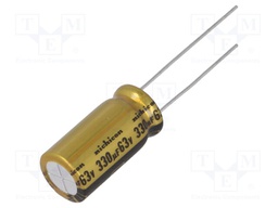 Capacitor: electrolytic; THT; 330uF; 63VDC; Ø10x20mm; Pitch: 5mm