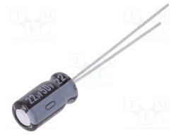 Capacitor: electrolytic; THT; 22uF; 50VDC; Ø5x9mm; Pitch: 2mm; ±20%