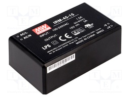 Power supply: switched-mode; modular; 45W; 15VDC; 87x52x29.5mm; 3A