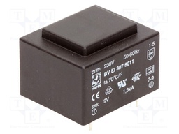 Transformer: encapsulated; 1.3VA; 230VAC; 9V; 144mA; Mounting: PCB
