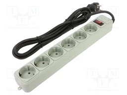 Plug socket strip: protective; Sockets: 6; 250VAC; 16A; grey; 3m