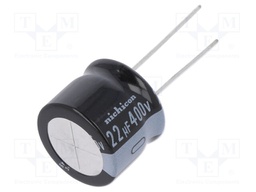 Capacitor: electrolytic; THT; 22uF; 400VDC; Ø18x15mm; Pitch: 7.5mm
