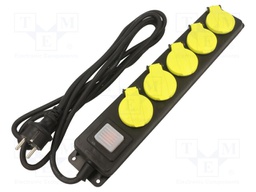 Extension lead; Sockets: 5; rubber; black; 3m; 16A