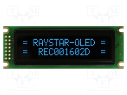 Display: OLED; alphanumeric; 16x2; Dim: 85x30x10mm; blue; PIN: 14