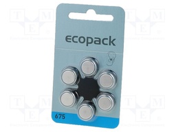 Battery: zinc air (ZnO2); 1.4V; AC675,R1154,coin; Batt.no: 6