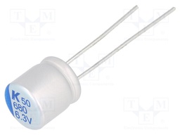 Capacitor: polymer; 680uF; 6.3VDC; ESR: 16mΩ; A750; THT; ±20%; 2000h