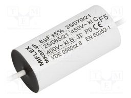 Capacitor: motors, run; 8uF; 450VAC; Ø21x47mm; ±5%; Mounting: THT