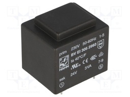 Transformer: encapsulated; 3VA; 230VAC; 24V; 125mA; Mounting: PCB