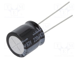 Capacitor: electrolytic; THT; 220uF; 63VDC; Ø12.5x12.5mm; ±20%