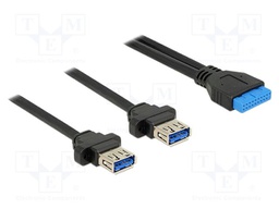 Cable; USB 3.0; USB A socket x2,19pin pin header; 0.8m; black