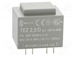 Transformer: encapsulated; 2.5VA; 230VAC; 15V; 166.6mA; IP00; 100g