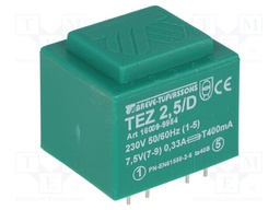 Transformer: encapsulated; 2.5VA; 230VAC; 7.5V; 333.3mA; IP00; 100g