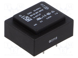 Transformer: encapsulated; 0.6VA; 230VAC; 9V; 67mA; Mounting: PCB