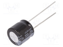 Capacitor: electrolytic; THT; 330uF; 25VDC; Ø10x9mm; Pitch: 5mm