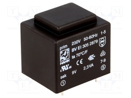 Transformer: encapsulated; 2.3VA; 230VAC; 9V; 255mA; Mounting: PCB