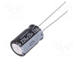 Capacitor: electrolytic; THT; 220uF; 25VDC; Ø10x16mm; Pitch: 5mm
