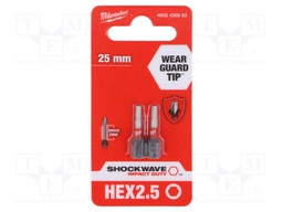 Screwdriver bit; hex key; HEX 2,5mm; Overall len: 25mm; 2pcs.