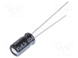 Capacitor: electrolytic; THT; 47uF; 6.3VDC; Ø5x9mm; Pitch: 2mm; ±20%