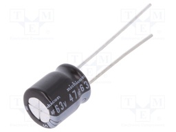 Capacitor: electrolytic; THT; 47uF; 63VDC; Ø8x9mm; Pitch: 3.5mm