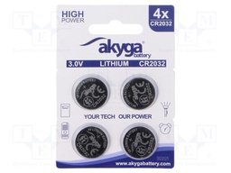 Battery: lithium; CR2032,coin; 3V; 210mAh; non-rechargeable; 4pcs.