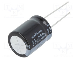 Capacitor: electrolytic; THT; 33uF; 250VDC; Ø16x20mm; Pitch: 7.5mm