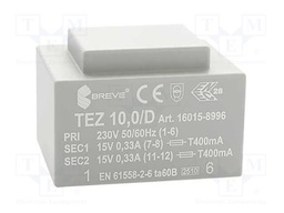 Transformer: encapsulated; 10VA; 230VAC; 15V; 15V; 333.3mA; 333.3mA