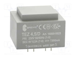 Transformer: encapsulated; 4.5VA; 230VAC; 9V; 500mA; Mounting: PCB