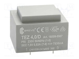 Transformer: encapsulated; 4VA; 230VAC; 7.5V; 533.3mA; IP00; 150g