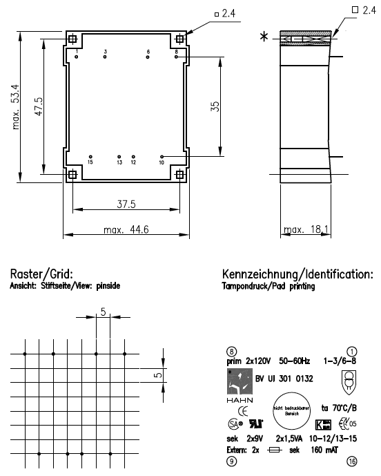 Transformer: encapsulated; 3VA; 115/115VAC; 6V; 6V; 250mA; 250mA