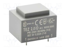 Transformer: encapsulated; 2VA; 230VAC; 9V; 222.2mA; Mounting: PCB