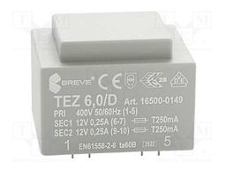 Transformer: encapsulated; 6VA; 400VAC; 12V; 12V; 250mA; 250mA; IP00