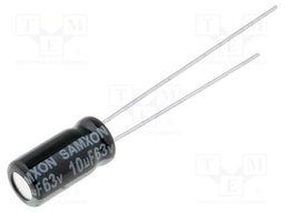 Capacitor: electrolytic; THT; 10uF; 63VDC; Ø5x11mm; Pitch: 2mm; ±20%