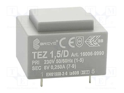 Transformer: encapsulated; 1.5VA; 230VAC; 6V; 250mA; Mounting: PCB