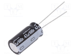 Capacitor: electrolytic; THT; 47uF; 100VDC; Ø10x20mm; Pitch: 5mm