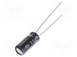 Capacitor: electrolytic; THT; 2.2uF; 100VDC; Ø5x11mm; Pitch: 2mm