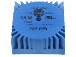 Transformer: toroidal; 50VA; 115VAC,230VAC; 22V; 22V; 86%