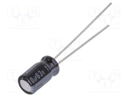 Capacitor: electrolytic; THT; 10uF; 63VDC; Ø5x9mm; Pitch: 2mm; ±20%