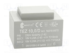 Transformer: encapsulated; 10VA; 230VAC; 18V; 18V; 278mA; 278mA