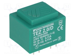 Transformer: encapsulated; 2VA; 230VAC; 9V; 9V; 111.1mA; 111.1mA