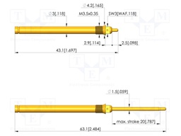 Test needle; Spring compression: 12mm; 20mm; 3A; CuBe; gold-plated