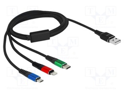 Cable; USB 2.0; 1m; black; Cu,tinned; 22AWG; metal; textile; 5V; 3A