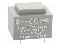 Transformer: encapsulated; 2VA; 230VAC; 6V; 333.3mA; Mounting: PCB