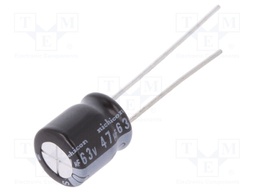 Capacitor: electrolytic; THT; 47uF; 63VDC; Ø8x9mm; Pitch: 3.5mm