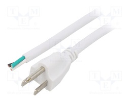 Cable; NEMA 5-15 (B) plug,wires; PVC; 1.5m; white; 3x16AWG; 13A
