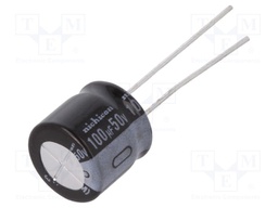 Capacitor: electrolytic; THT; 100uF; 50VDC; Ø10x9mm; Pitch: 5mm