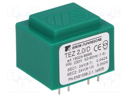 Transformer: encapsulated; 2VA; 230VAC; 24V; 24V; 41.6mA; 41.6mA