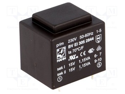 Transformer: encapsulated; 2.3VA; 230VAC; 15V; 15V; 76mA; 76mA; 111g