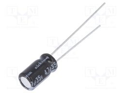 Capacitor: electrolytic; THT; 4.7uF; 35VDC; Ø5x9mm; Pitch: 2mm; ±20%