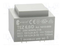 Transformer: encapsulated; 6VA; 230VAC; 15V; 15V; 200mA; 200mA; IP00