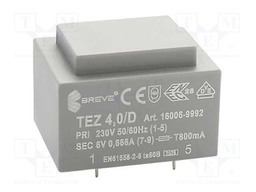 Transformer: encapsulated; 4VA; 230VAC; 6V; 666.6mA; Mounting: PCB